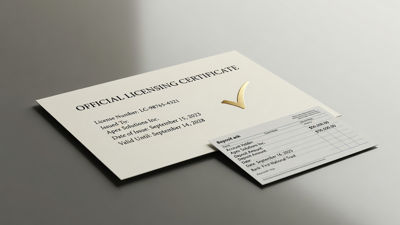 Licensing certificate document with verification checkmark beside deposit slip
