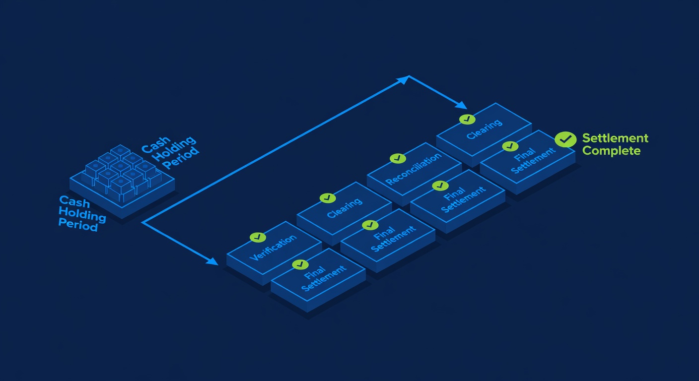 Bank settlement timeline showing cash holding period and processing stages