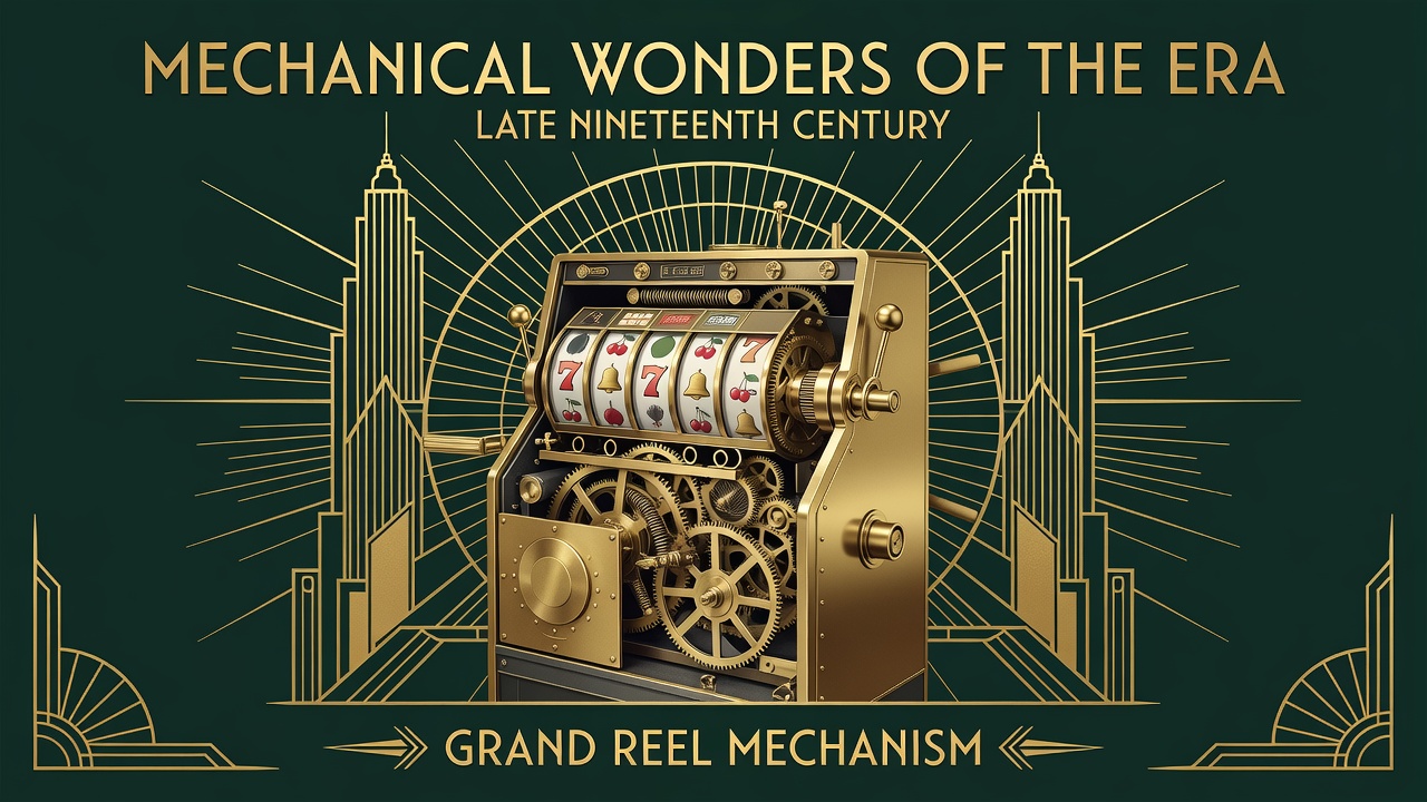 Mechanical slot machine photograph showing brass gears and spinning reel mechanism from late nineteenth century era