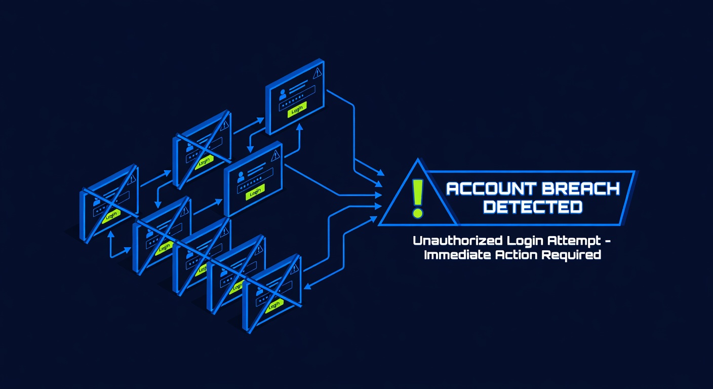 Computer security login attempts and account breach notification warning message