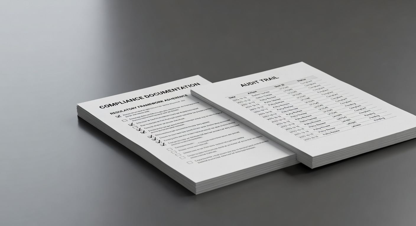 Compliance documentation with checkboxes and audit trail showing regulatory framework adherence