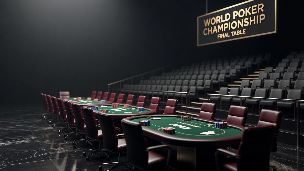 Poker championship tournament stage with playing tables and spectator seating area