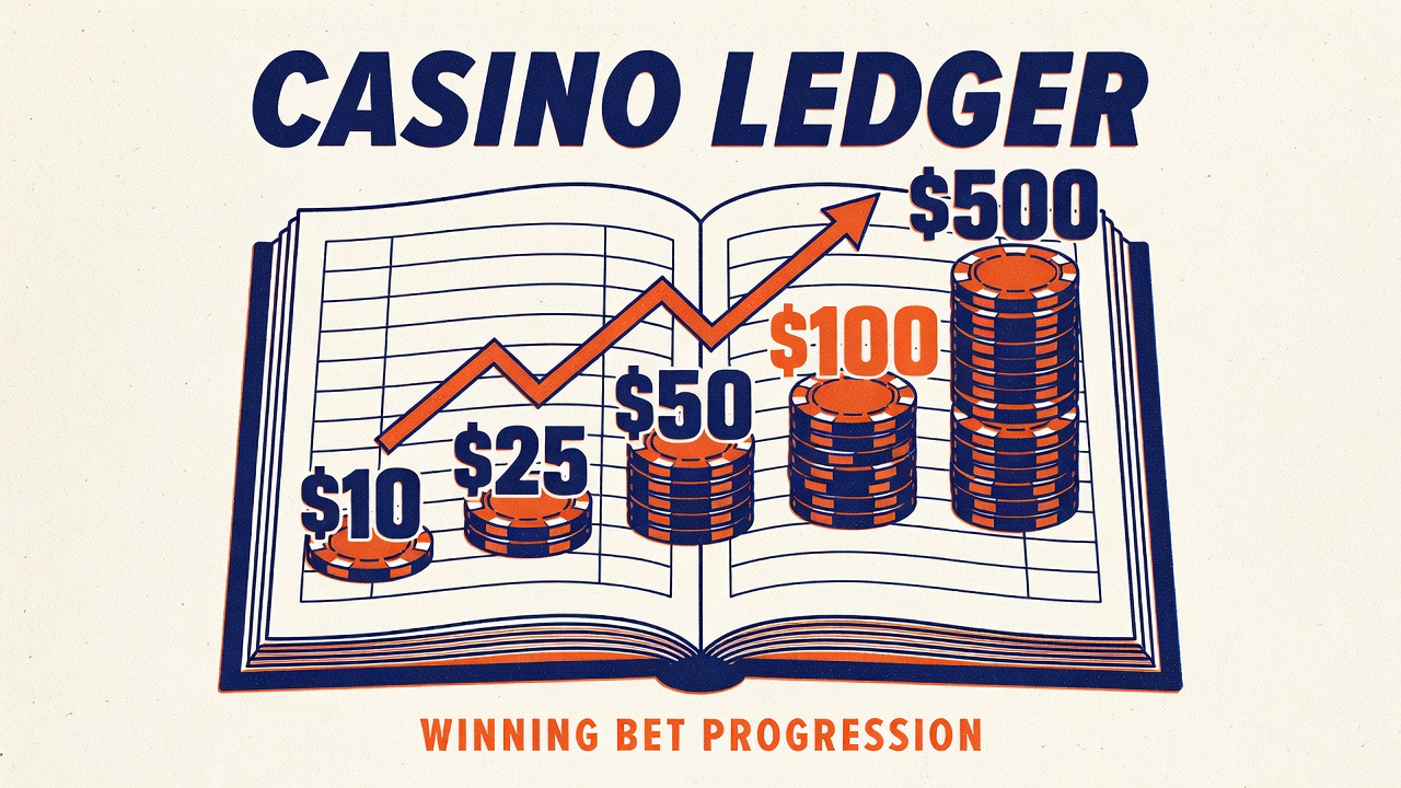 Casino ledger book showing winning bet progression from modest initial amount increase