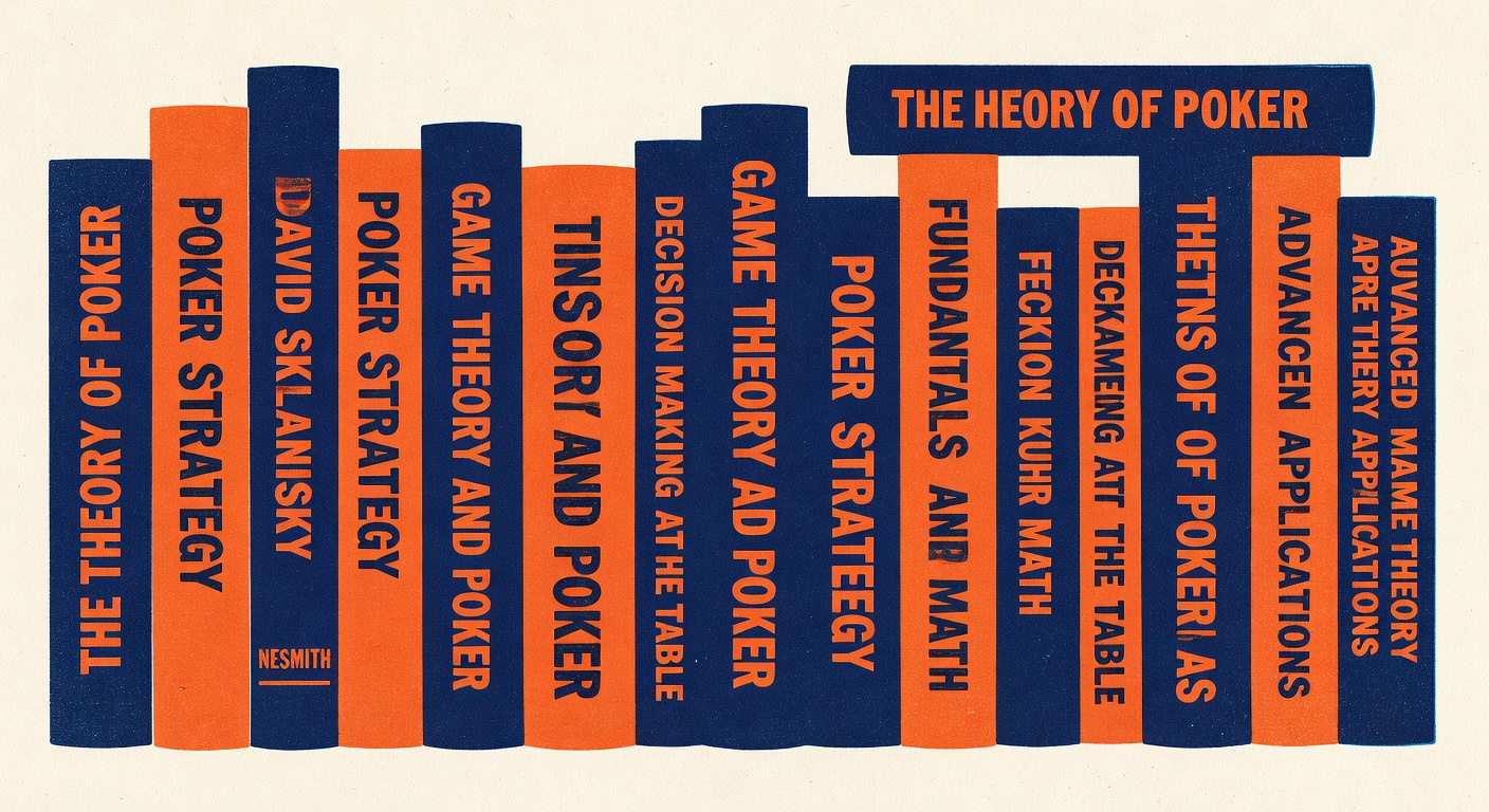 Poker strategy book spine collection showing foundational game theory publications