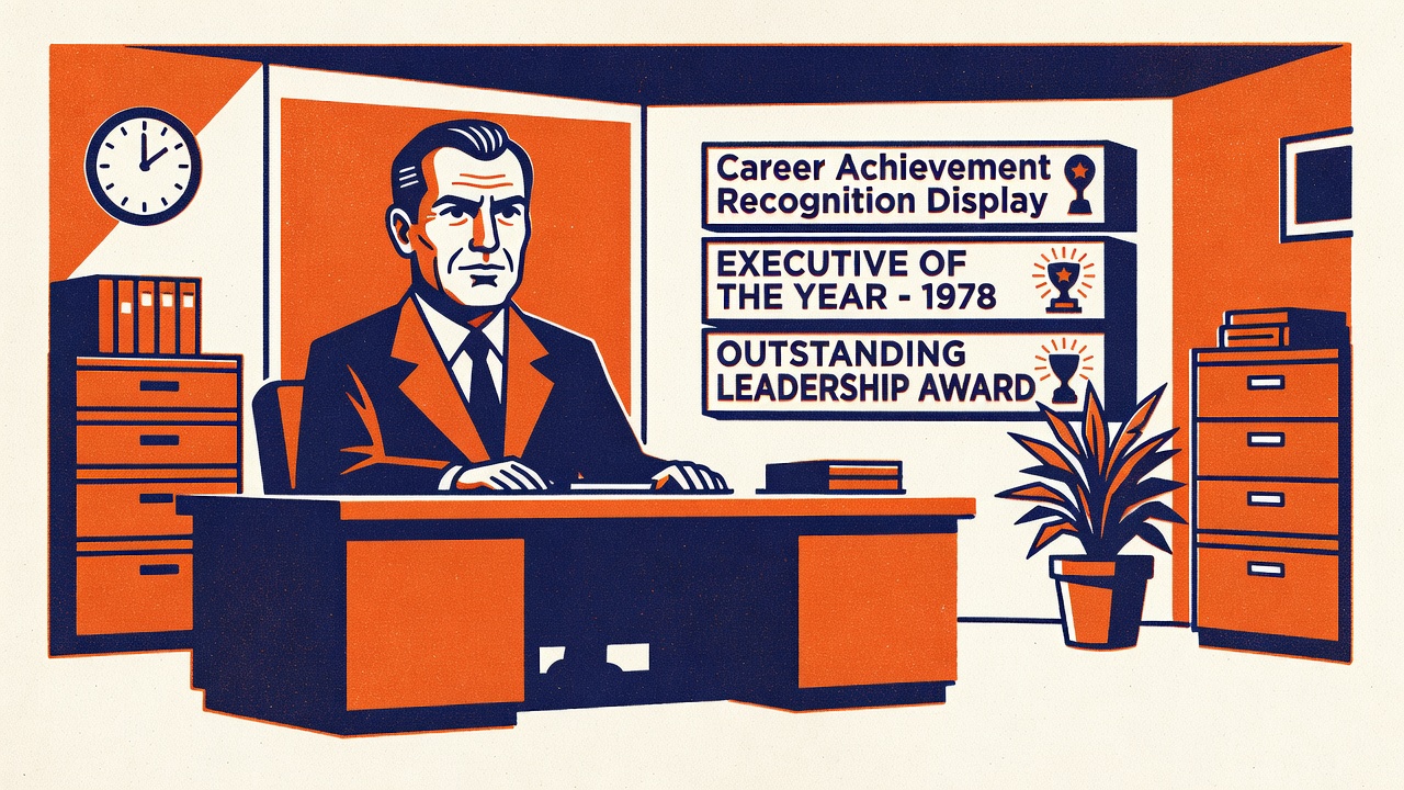 Casino management office with executive portrait and career achievement recognition display