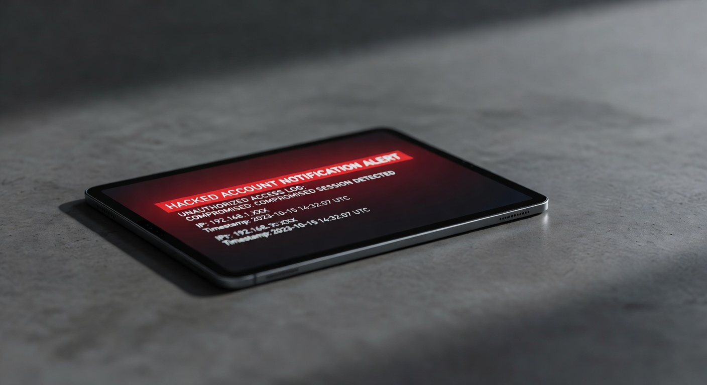 Hacked account notification alert and unauthorized access log showing compromised session
