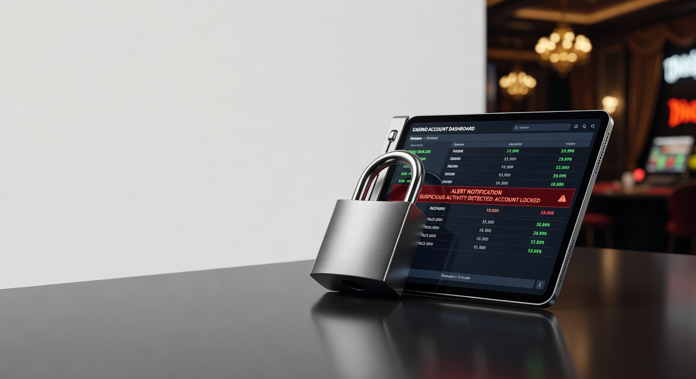 Locked computer security padlock over casino account dashboard with alert notification