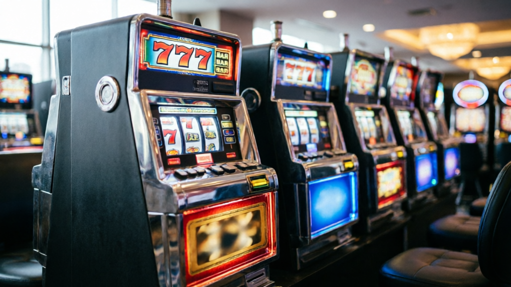 Casino floor with rows of slot machines under bright lights