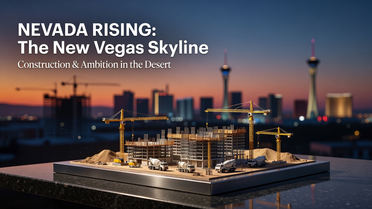 Las Vegas construction site with cranes against evening sky