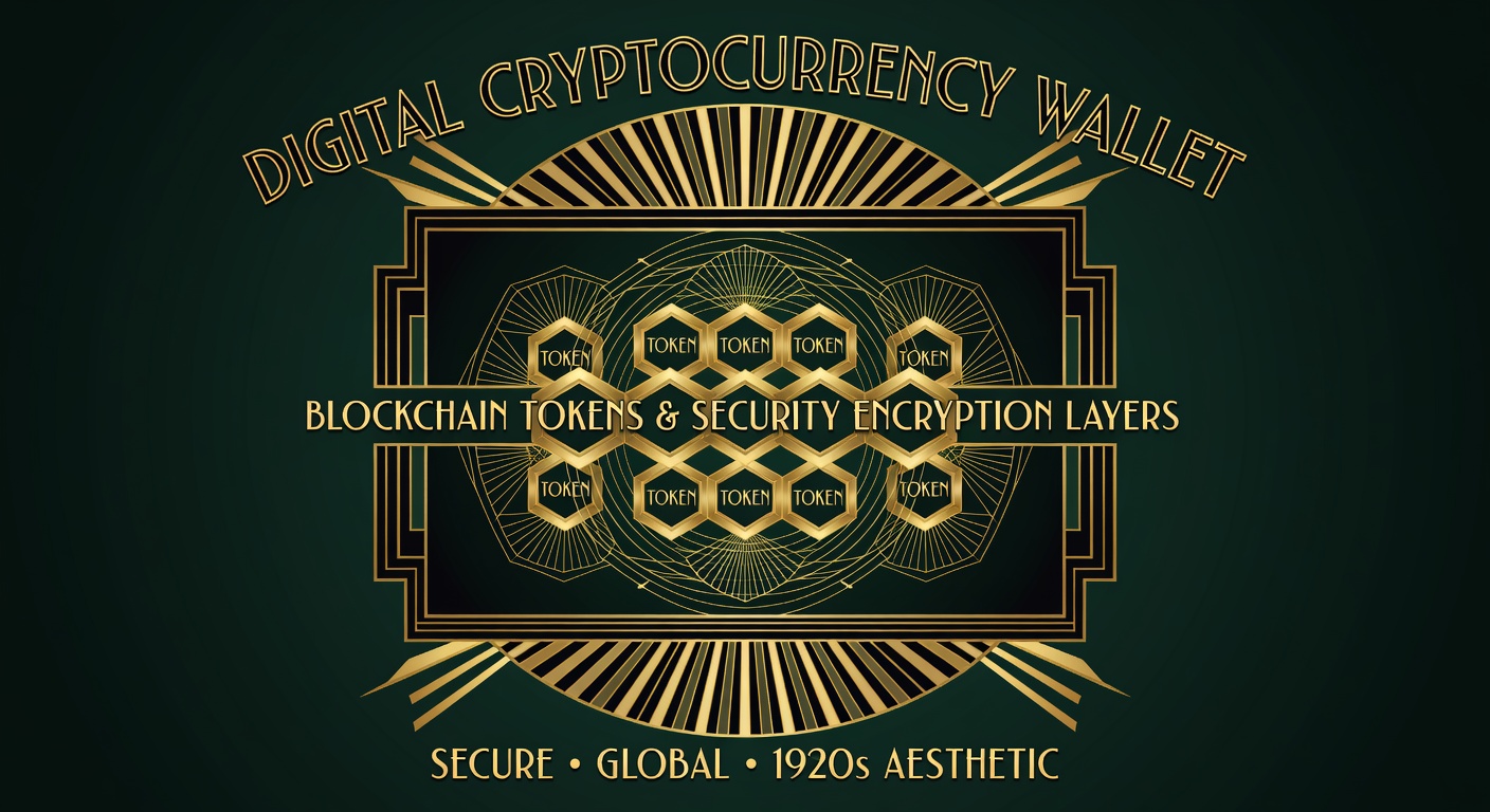 Digital cryptocurrency wallet interface displaying blockchain tokens and security encryption layers