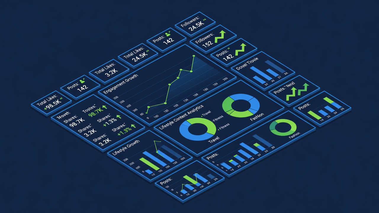 Social media profile metrics dashboard showing engagement growth and lifestyle content analytics