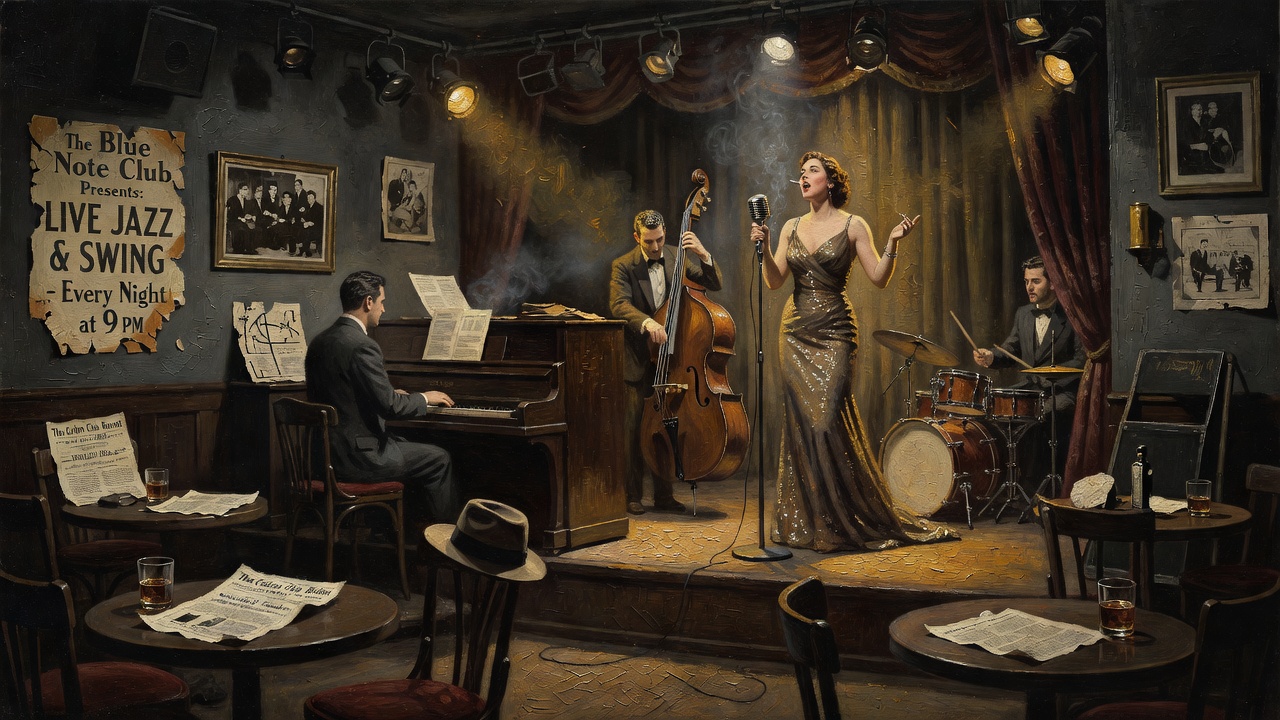 Vintage nightclub performance photograph with entertainment era memorabilia and period styling