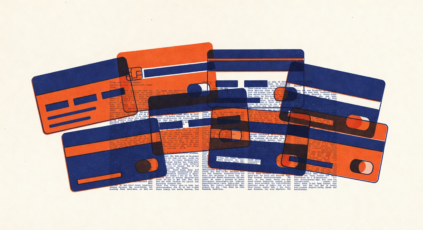 Payment card types arranged in overlapping display with fine print document underneath