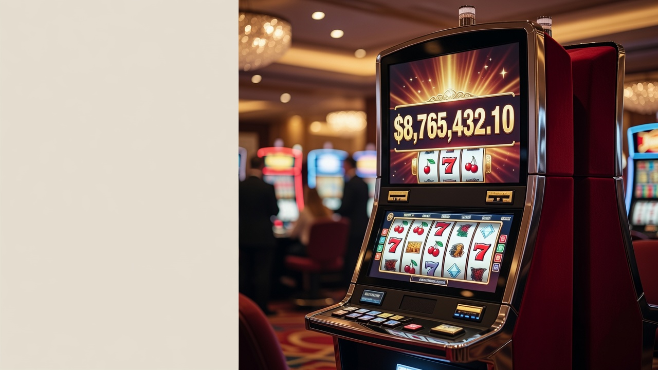 Slot machine screen displaying a large jackpot total in a casino
