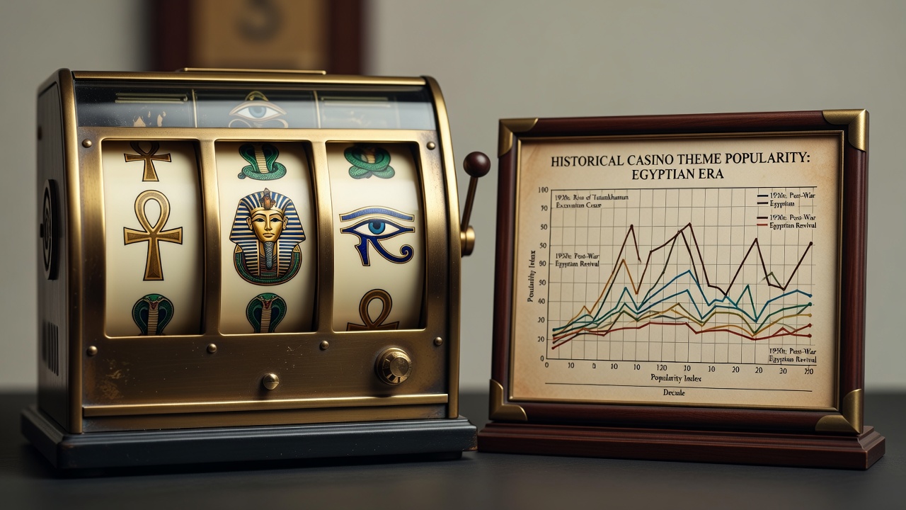 Slot reel display with Egyptian themed symbols and historical casino theme popularity chart