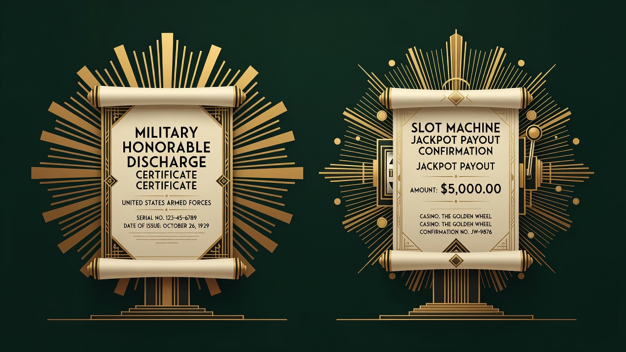 Military honorable discharge certificate displayed alongside slot machine jackpot payout confirmation document comparison