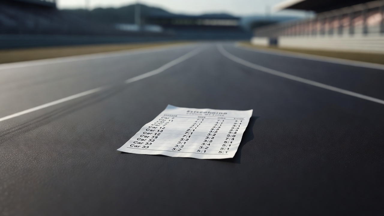 Racing track overhead view with betting slip showing multiple car numbers and payout odds calculations displayed