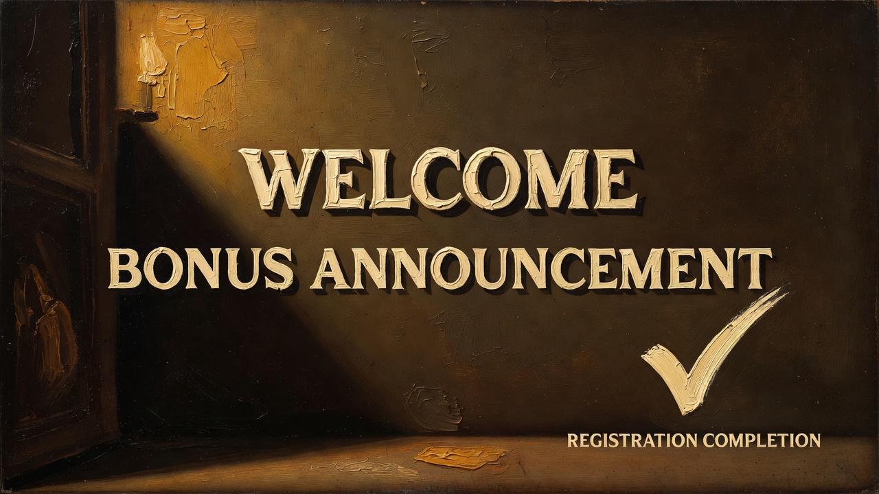 Welcome screen with prominent bonus announcement and registration completion checkmark symbol