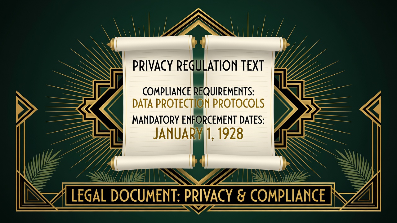 Legal document pages showing privacy regulation text with highlighted compliance requirements and enforcement dates