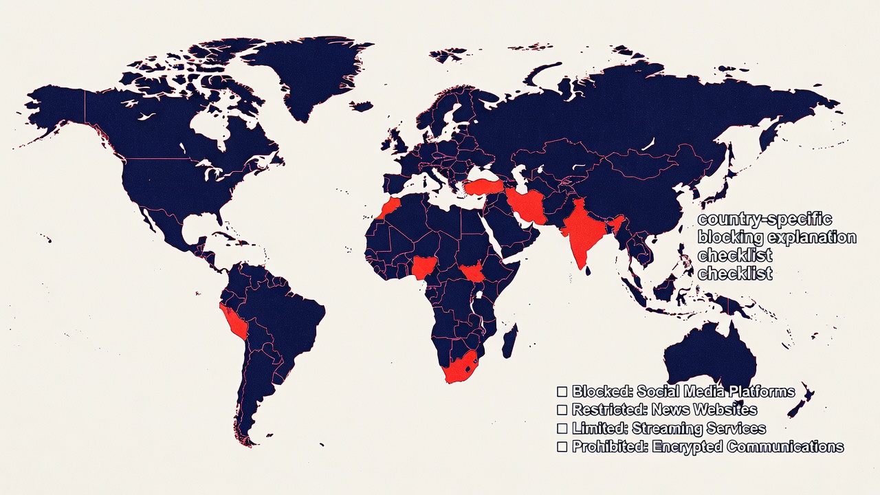 World map with regional access restriction zones highlighted and country-specific blocking explanation checklist