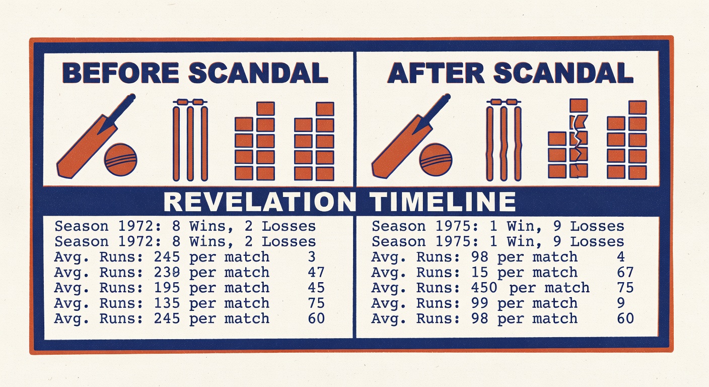Cricket match scoreboard showing historical performance data before and after match-fixing scandal revelation timeline