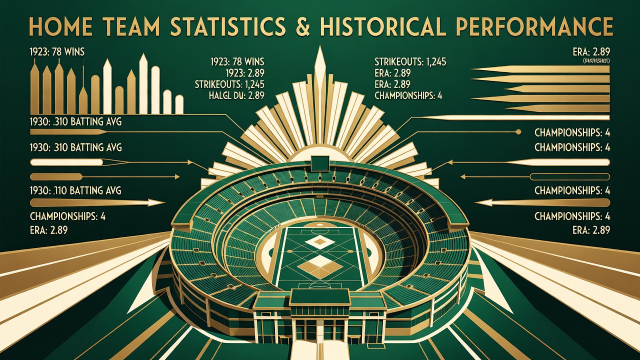 Sports stadium overhead view showing home team statistics and performance metrics in historical comparison chart
