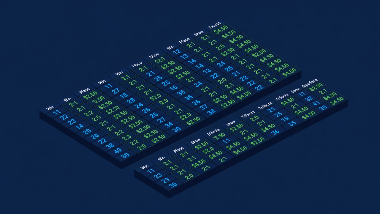 Racetrack betting board showing horse numbers with payout calculations for multiple wagering types