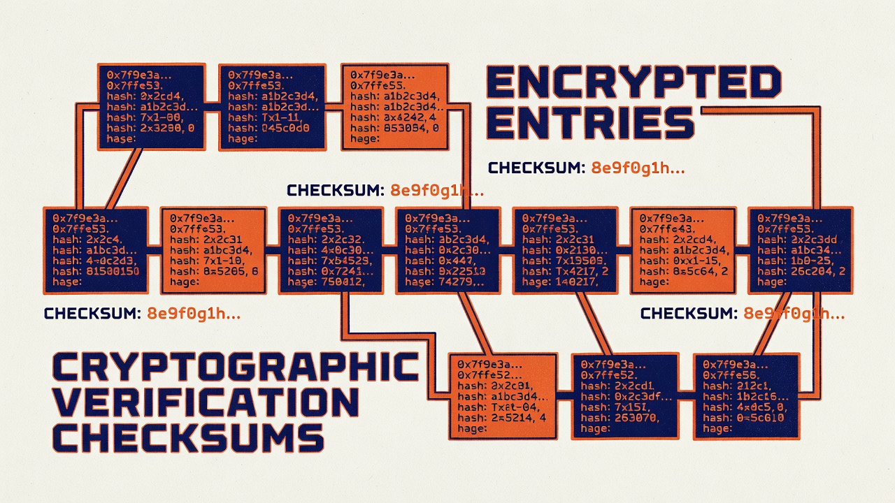 Blockchain transaction ledger displaying encrypted entries and cryptographic verification checksums