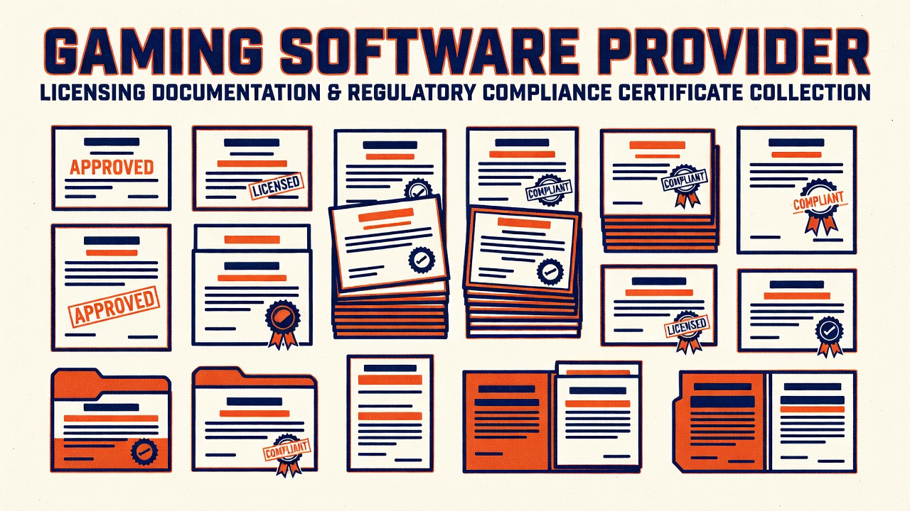 Gaming software provider licensing documentation and regulatory compliance certificate collection display