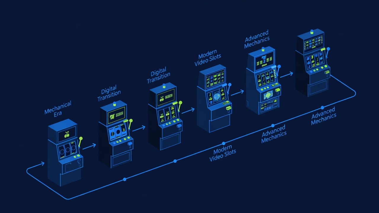 Game development timeline showing evolution of video slot machine graphics and mechanics