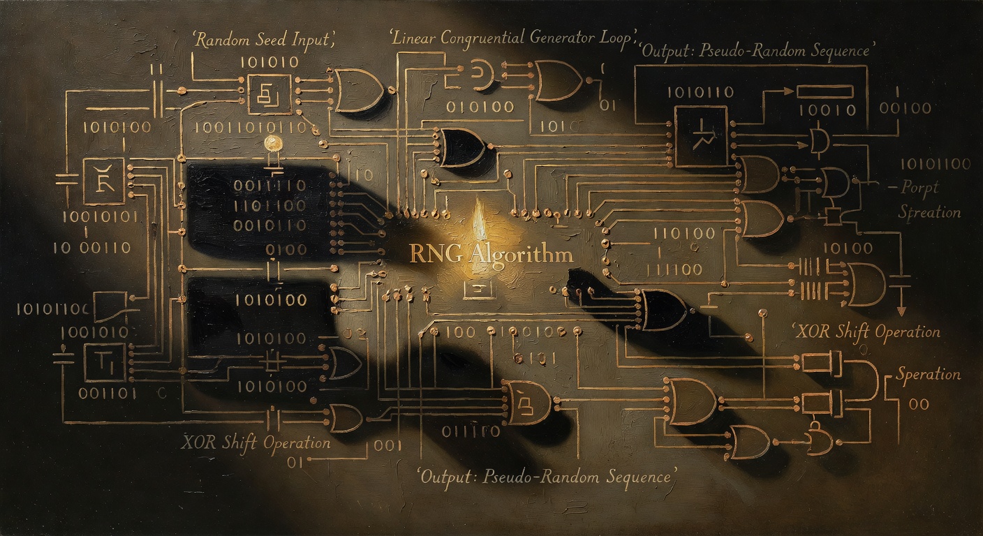 Computer circuit diagram showing random number generator algorithm visualization