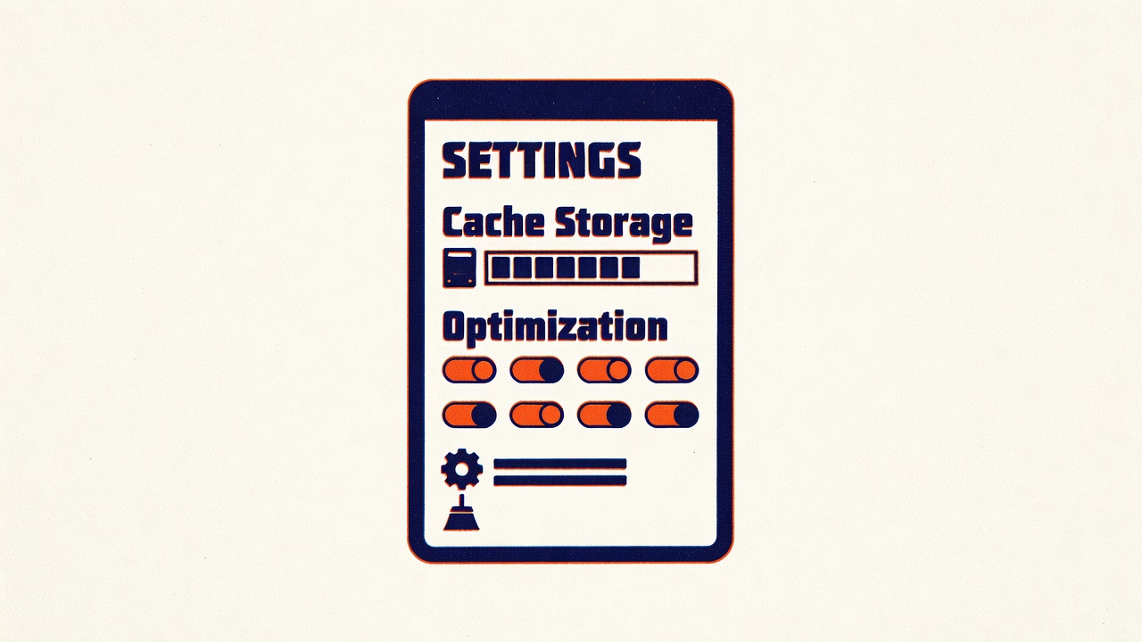 Mobile phone settings menu with cache storage indicators and optimization toggle switches