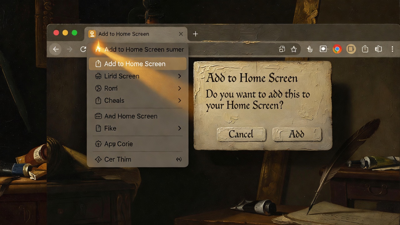 Safari browser menu open to 'Add to Home Screen' option with installation confirmation dialog