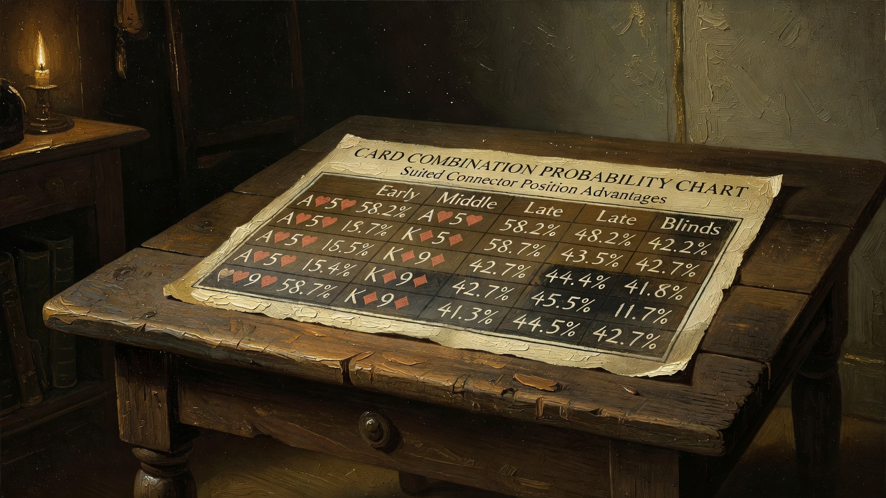 Card combination probability chart displaying suited connector position advantages with equity percentage calculations noted