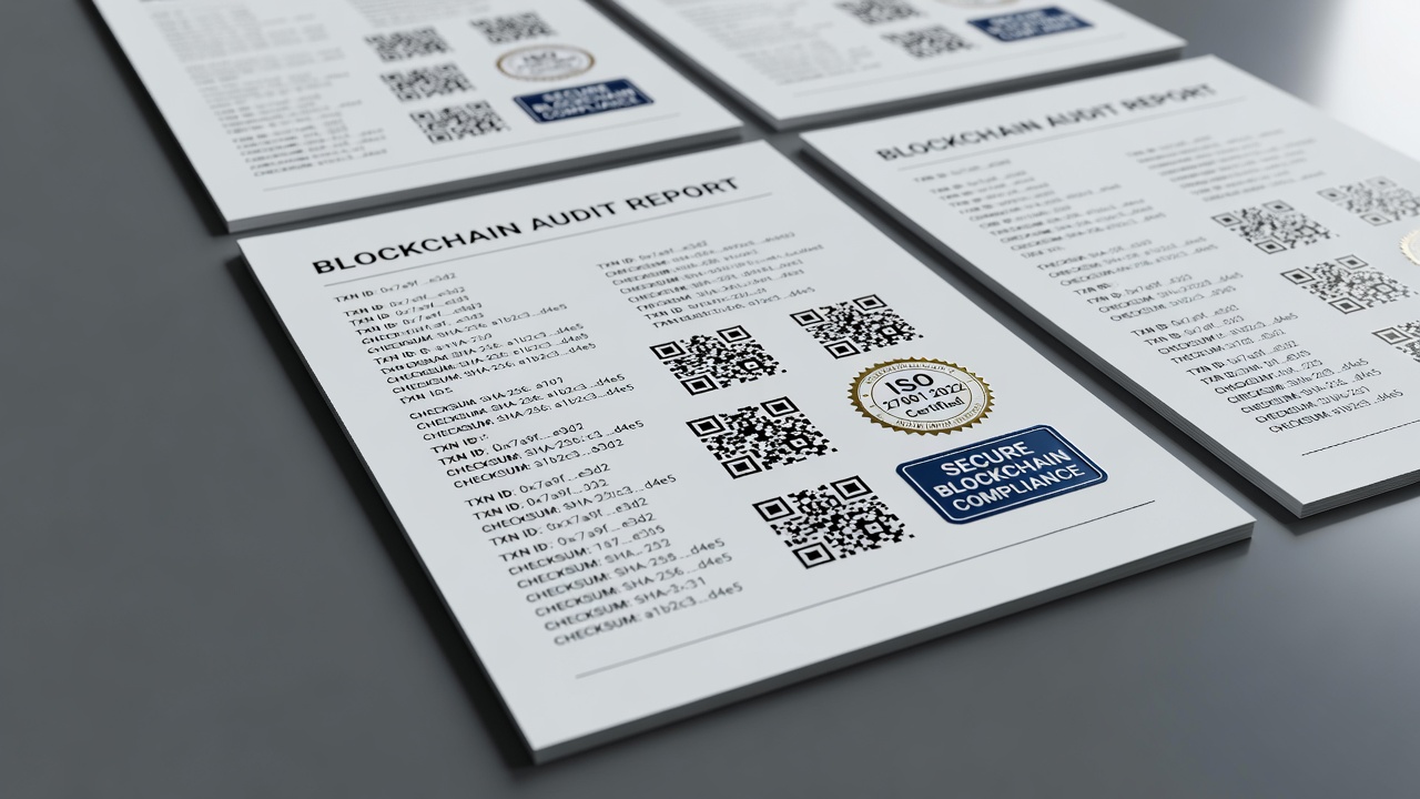 Blockchain audit report document pages displaying transaction verification checksums and security compliance certification seals