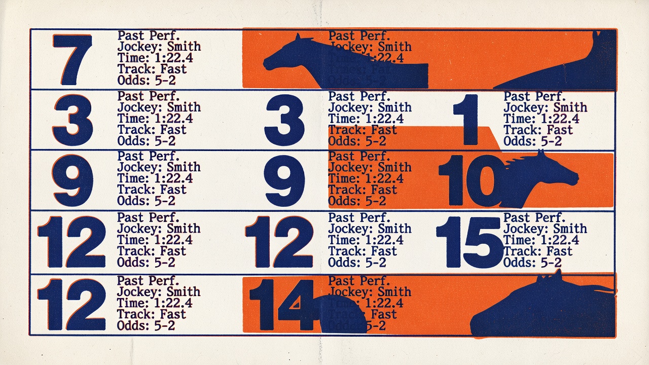 Horse racing form sheet with racing numbers and past performance data spread across weathered paper surface