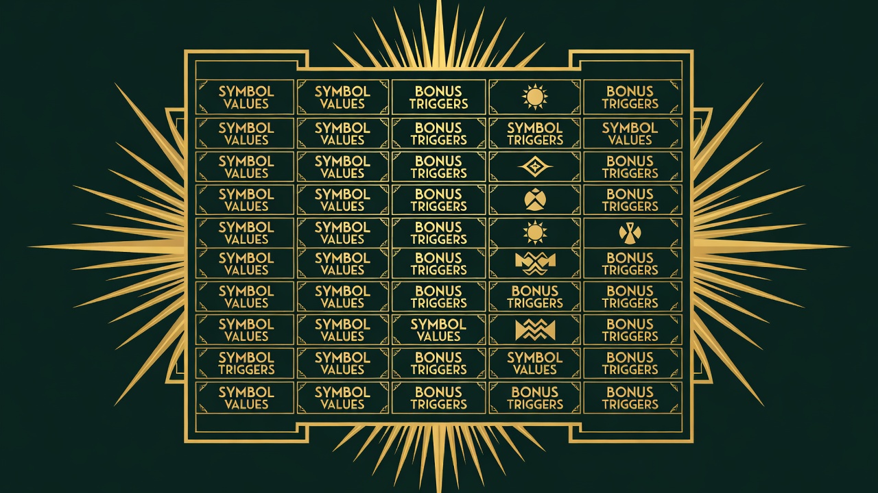 Reference card grid layout displaying symbol values and bonus trigger combinations clearly