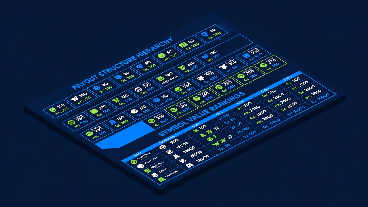 Paytable reference sheet with payout structure hierarchy and symbol value rankings