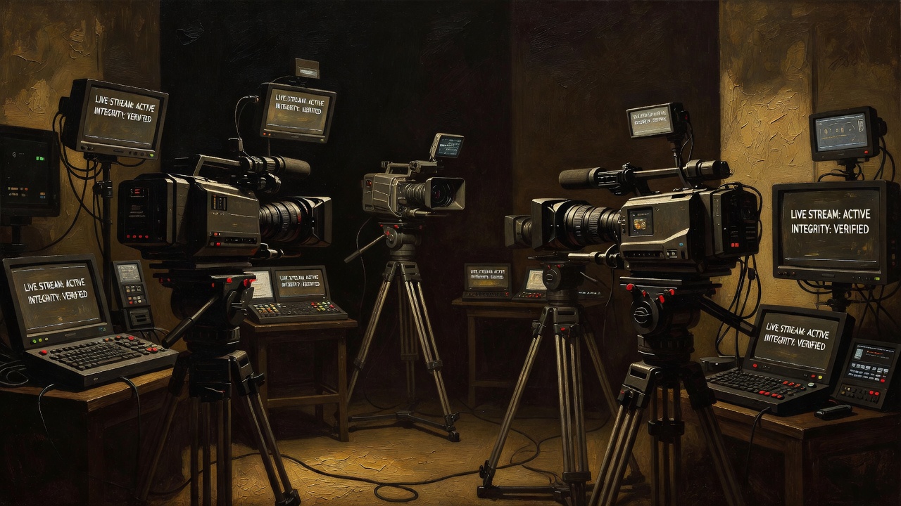 Studio broadcast setup with multiple camera angles and live stream integrity verification displays