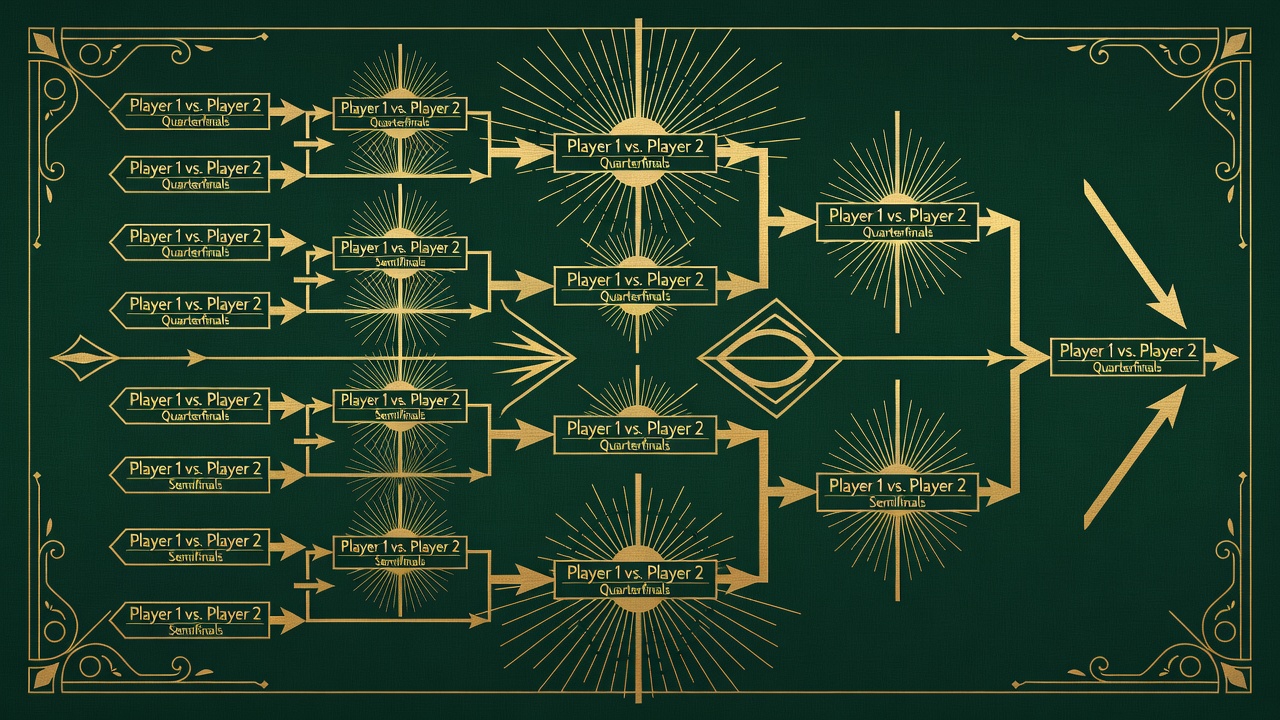 Tournament bracket visualization with two-player matchup progression and advancement arrows