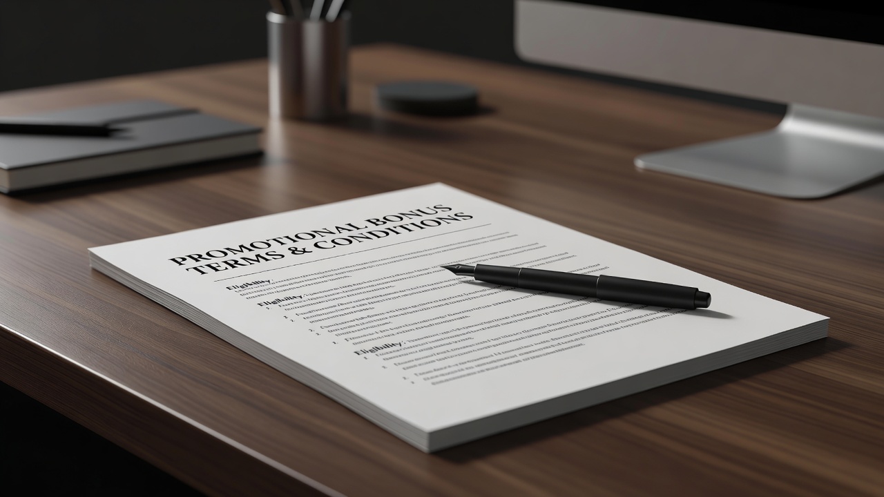 Promotional bonus terms and conditions document laid on office desk with pen marking details