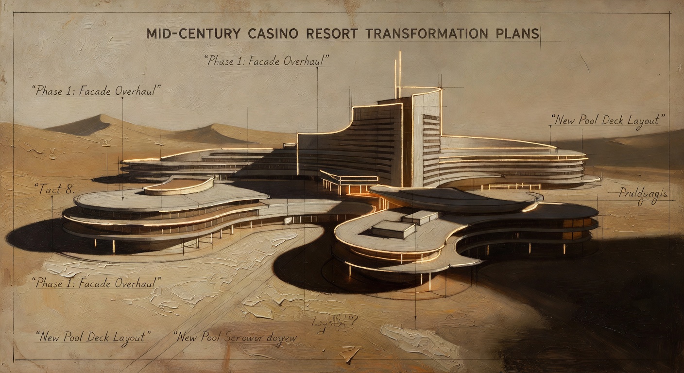 Desert architectural blueprint sketch of mid-century casino resort transformation plans