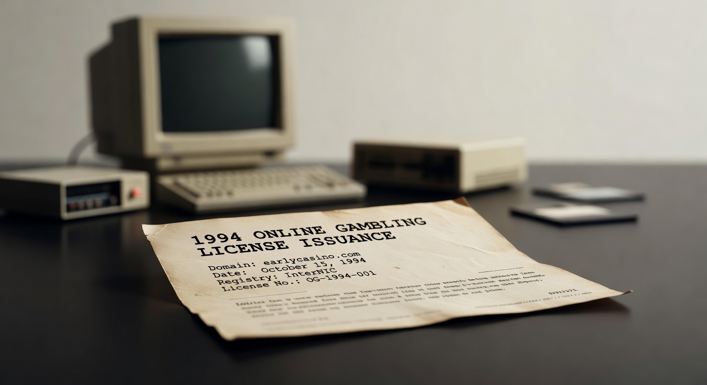 Early internet domain registration document showing 1994 online gambling license issuance