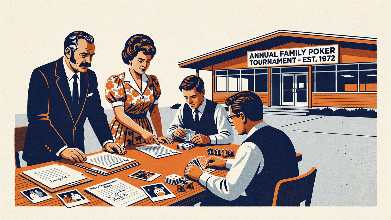 Historical photograph showing poker tournament organizing family members with archive documents and event venue exterior