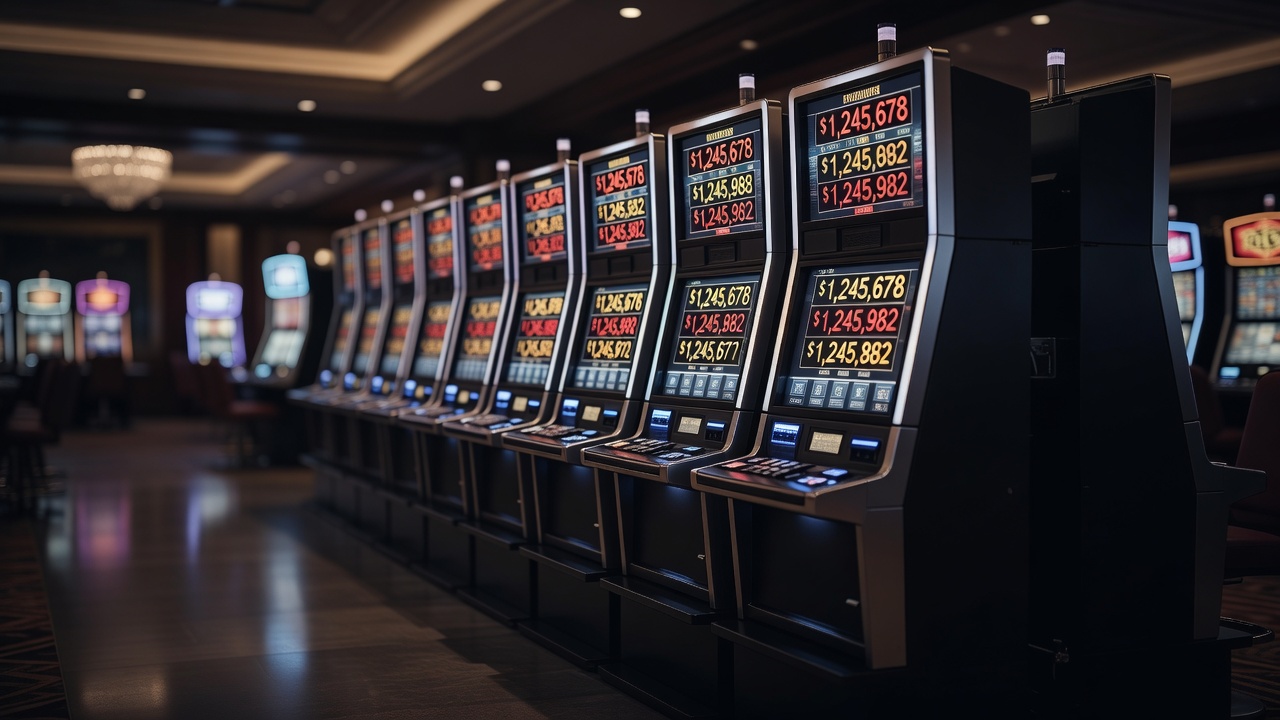 row of slot machines showing rising jackpot meters on a casino floor