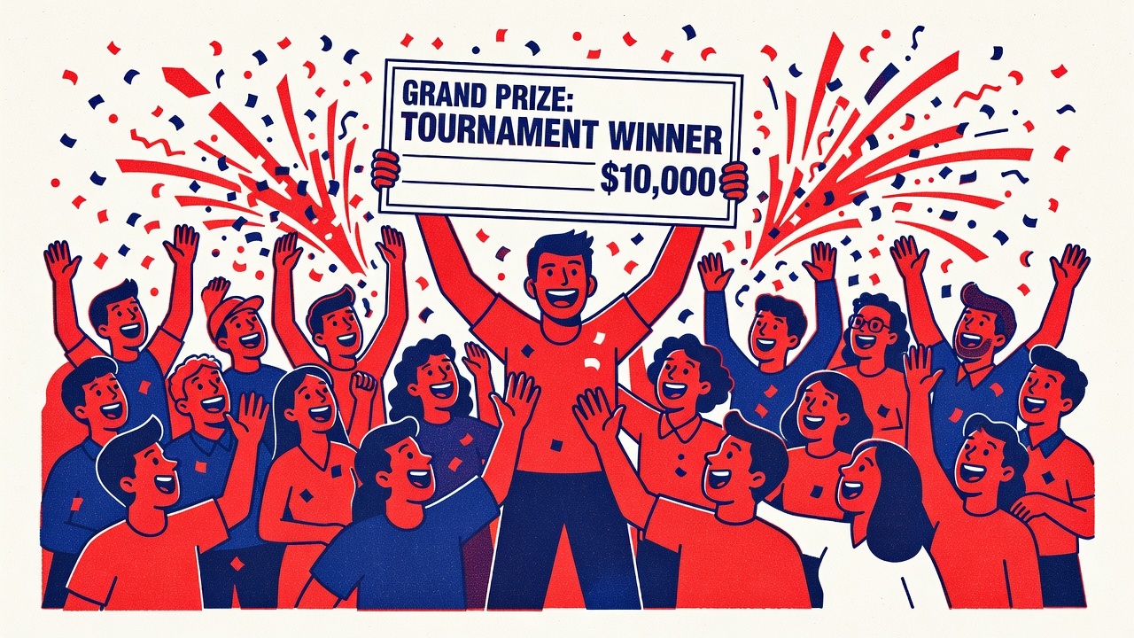 Tournament winner holding ceremonial check with confetti explosion and crowd celebration scene