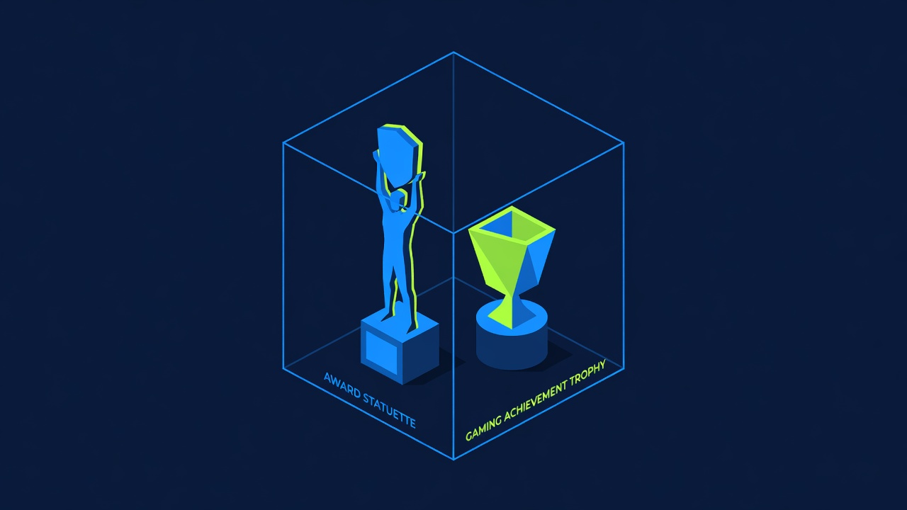 Award statuette displayed next to gaming achievement trophy in exhibition display case