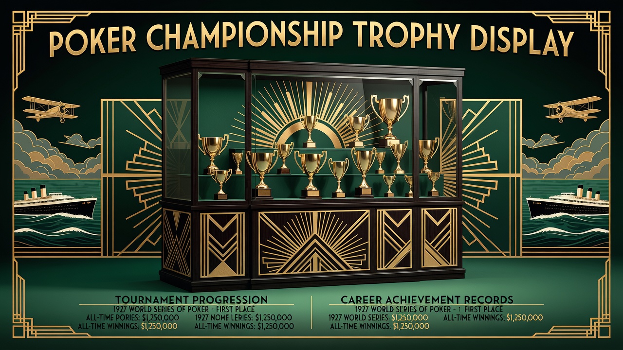 Poker championship trophy display case showing tournament progression and career achievement records