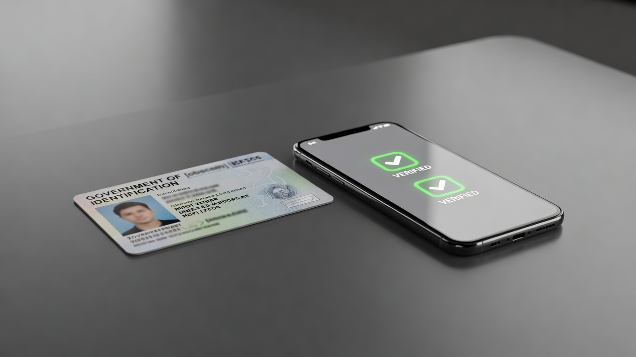Government identification document placed beside smartphone with verification checkbox symbols indicated