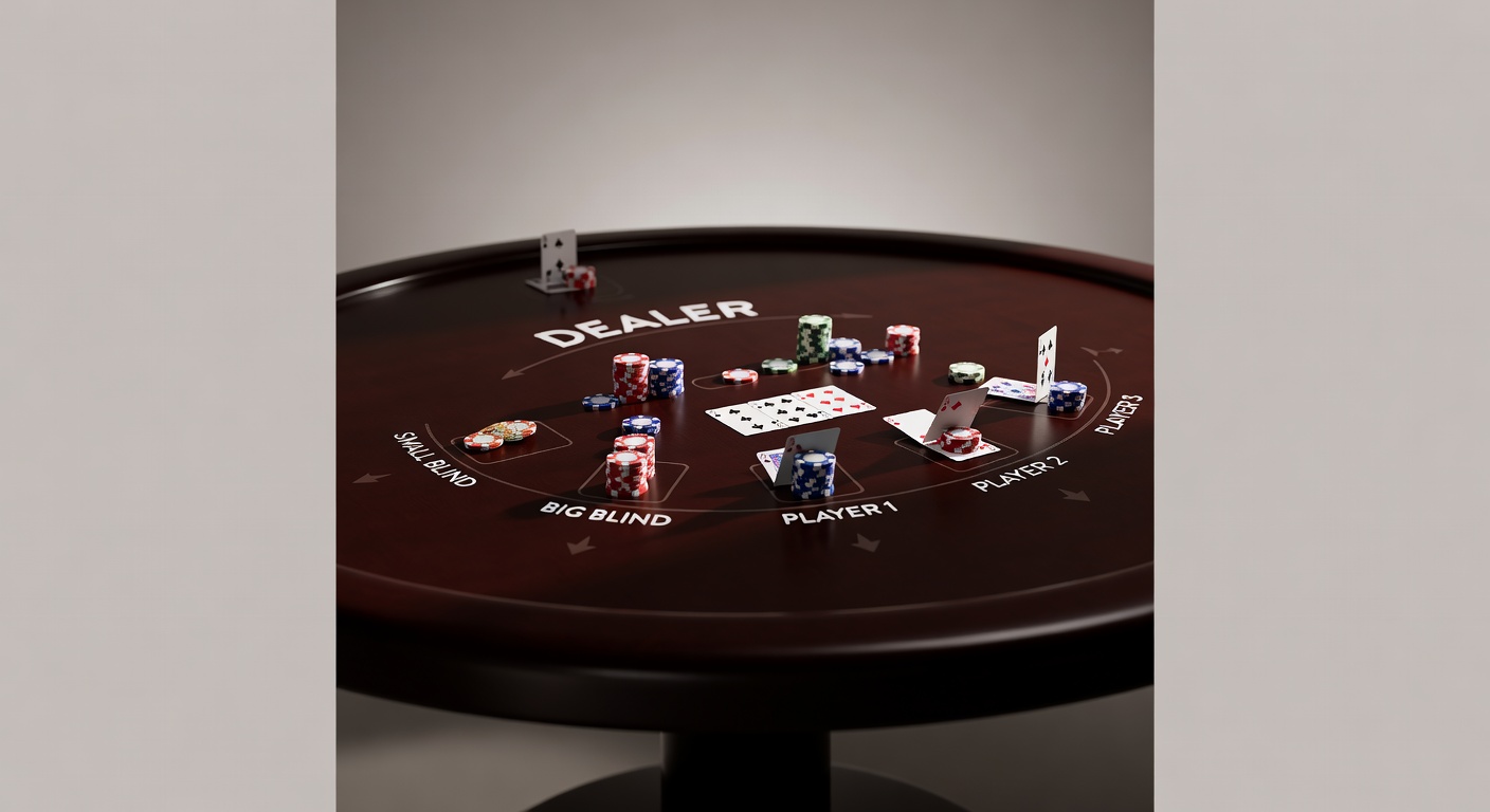 Card game table layout showing position designations and betting action sequence